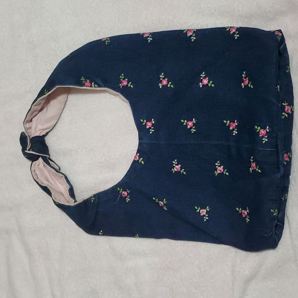 70s Dark Blue Denim Tote w/Embroidered Pink Flowers-Pink Fabric Liner-Velcro-EC
